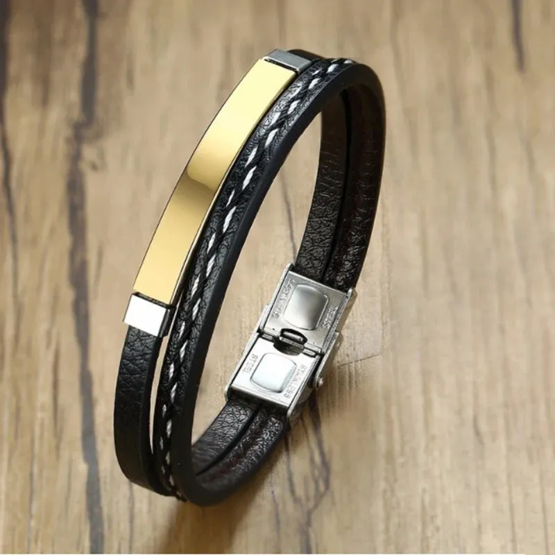 Stainless Steel Leather Charm Bracelet