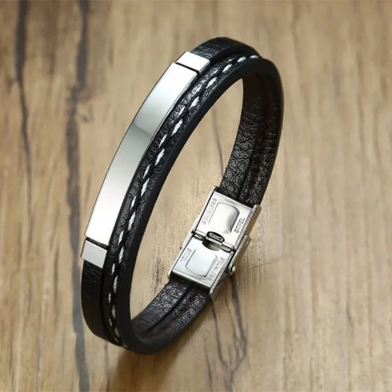 Stainless Steel Leather Charm Bracelet