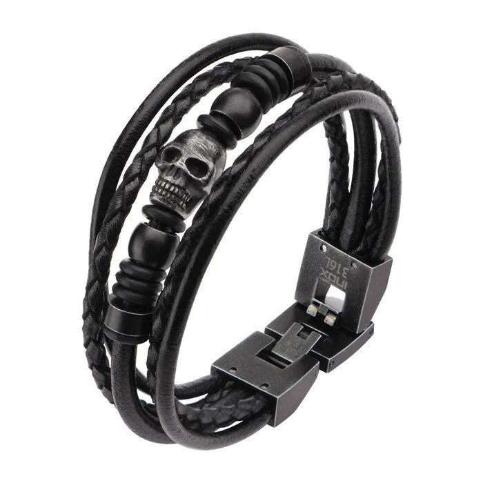 Stainless Steel Multi Black Leather & Black Skull Beads Bracelet