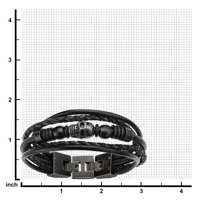 Stainless Steel Multi Black Leather & Black Skull Beads Bracelet