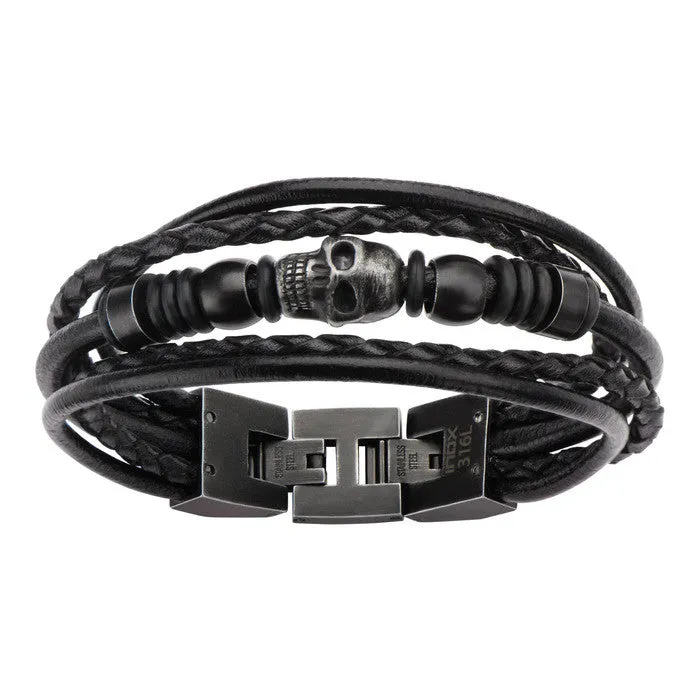 Stainless Steel Multi Black Leather & Black Skull Beads Bracelet