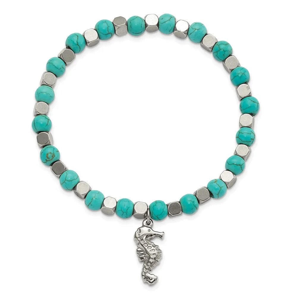 Stainless Steel Polished Imit. Turquoise Beaded Seahorse Stretch Bracelet