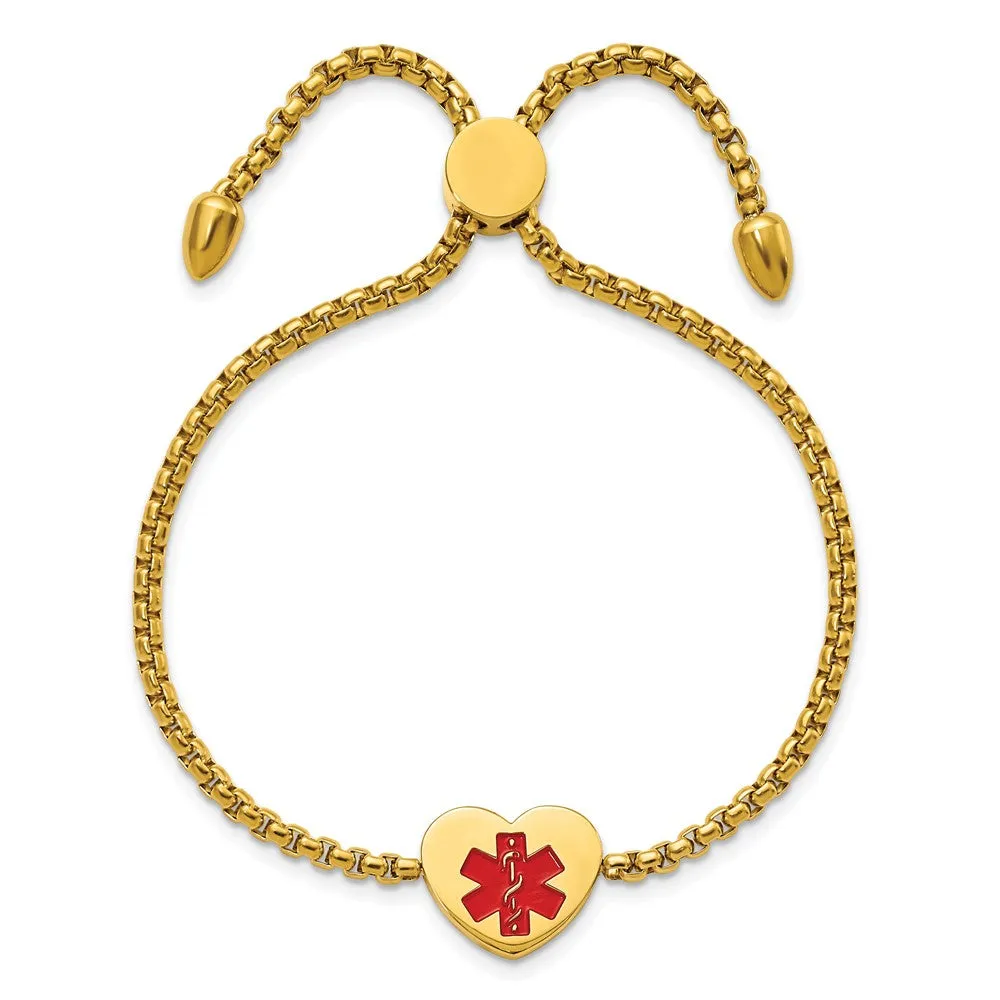 Stainless Steel Polished Yellow IP/Red Enamel Heart Medical ID Adj. Bracele