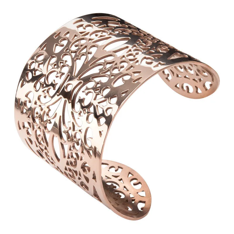 Stainless Steel Rose Gold Filigree Leaf Pattern Cuff Bangle Bracelet
