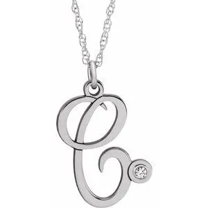 Sterling Silver .02 CT Diamond Script Initial C 16-18" Necklace