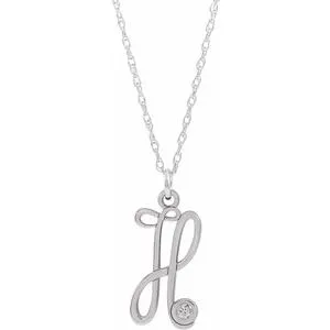 Sterling Silver .02 CT Diamond Script Initial H 16-18" Necklace