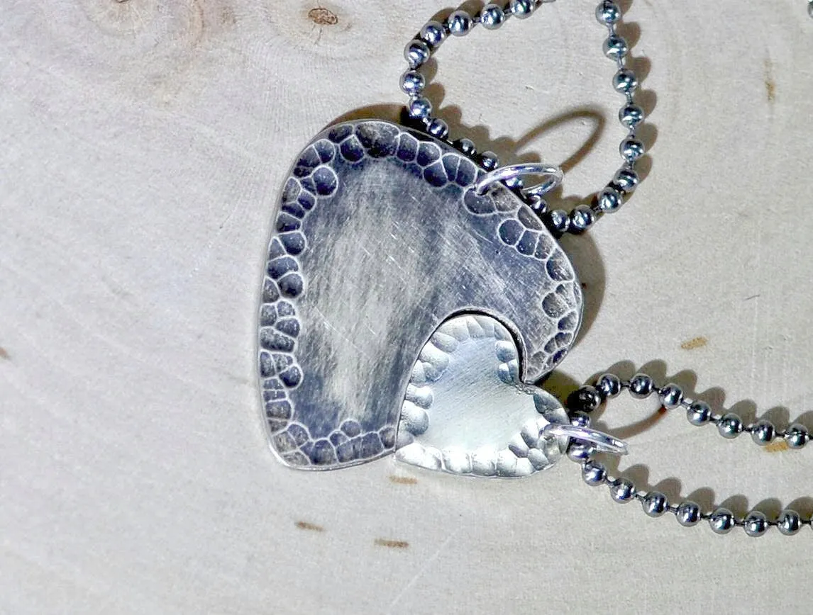 Sterling silver guitar pick and heart couples necklace