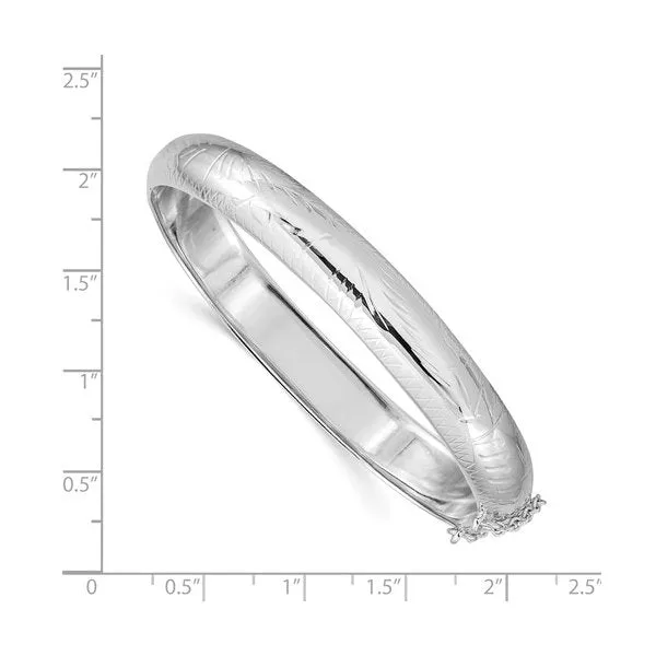 Sterling Silver Rhodium Plated (9.5mm) Diamond Cut Hinged Bangle Bracelet