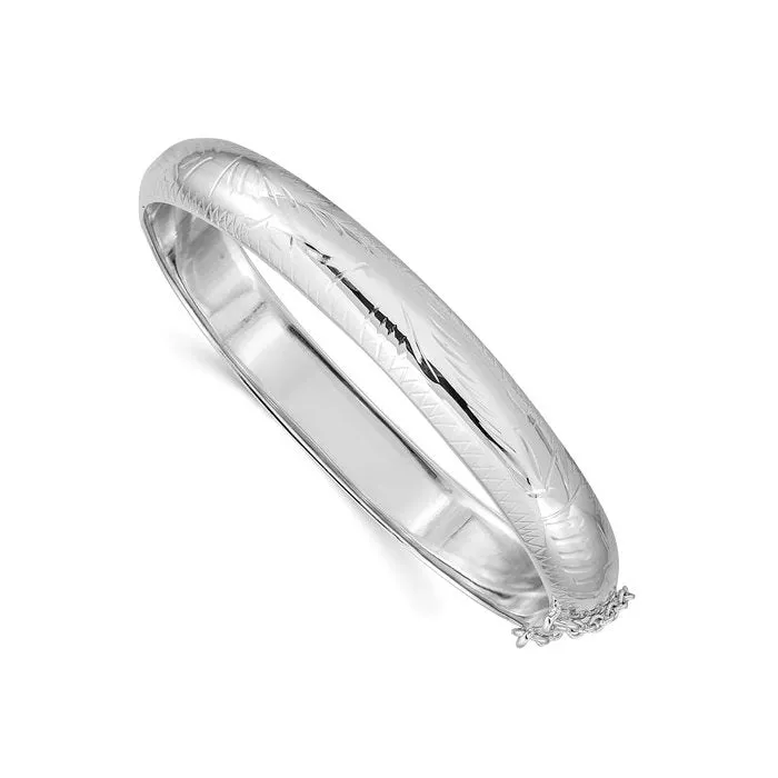 Sterling Silver Rhodium Plated (9.5mm) Diamond Cut Hinged Bangle Bracelet