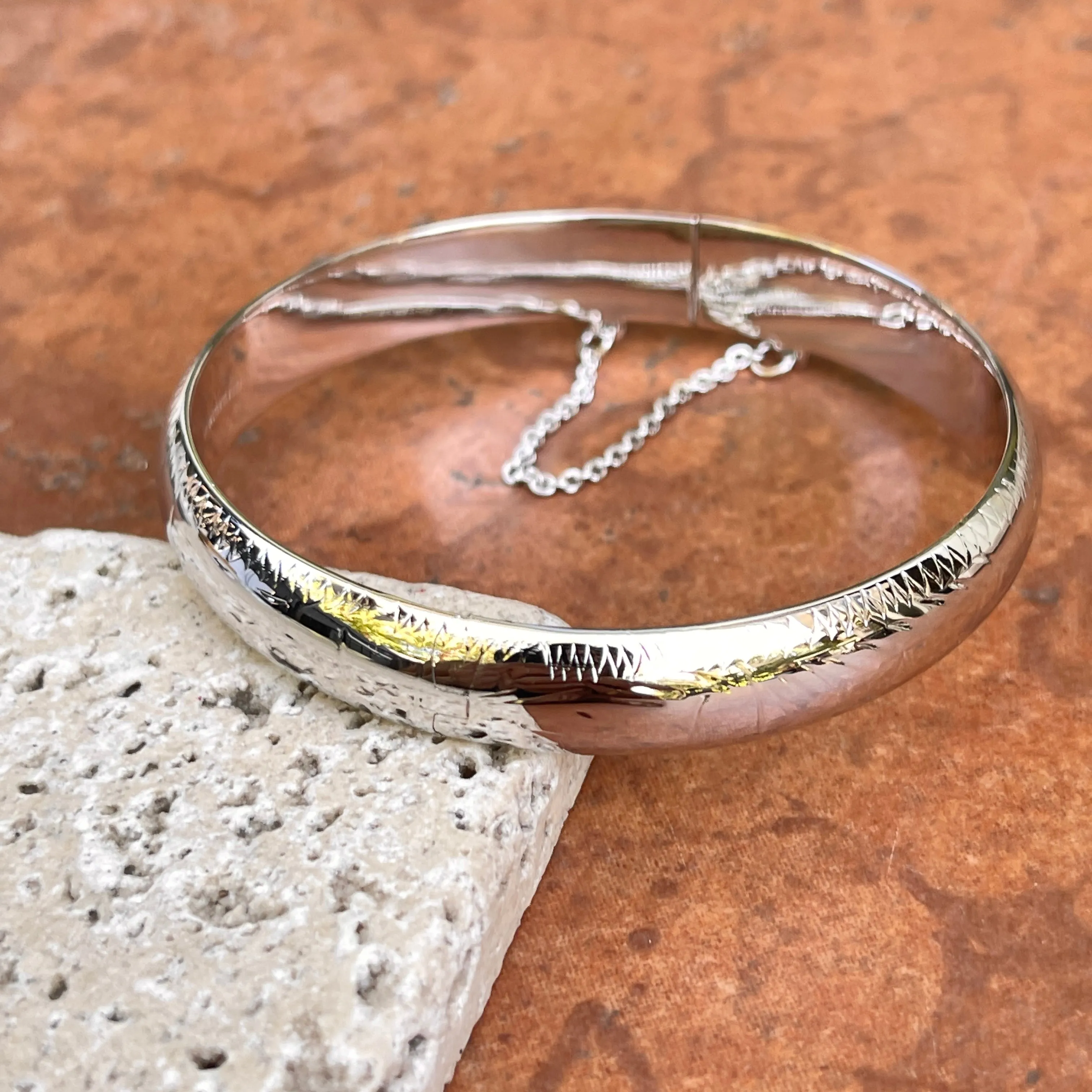 Sterling Silver Wide Diamond-Cut Bangle Bracelet 10.25mm