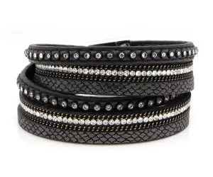 Studded Rhinestone Black Double Wrap Leather Bracelet