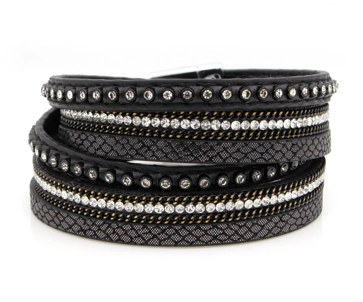 Studded Rhinestone Black Double Wrap Leather Bracelet