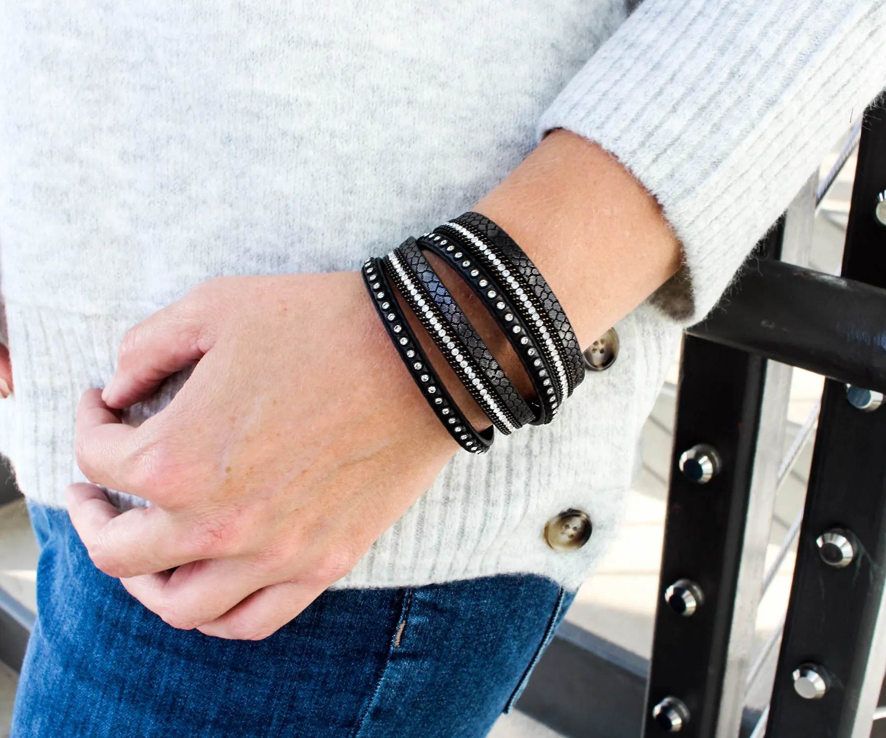 Studded Rhinestone Black Double Wrap Leather Bracelet