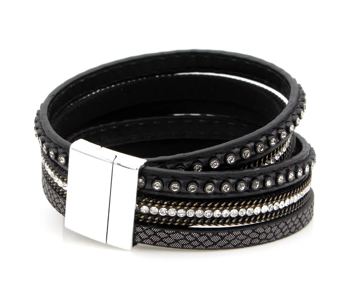 Studded Rhinestone Black Double Wrap Leather Bracelet