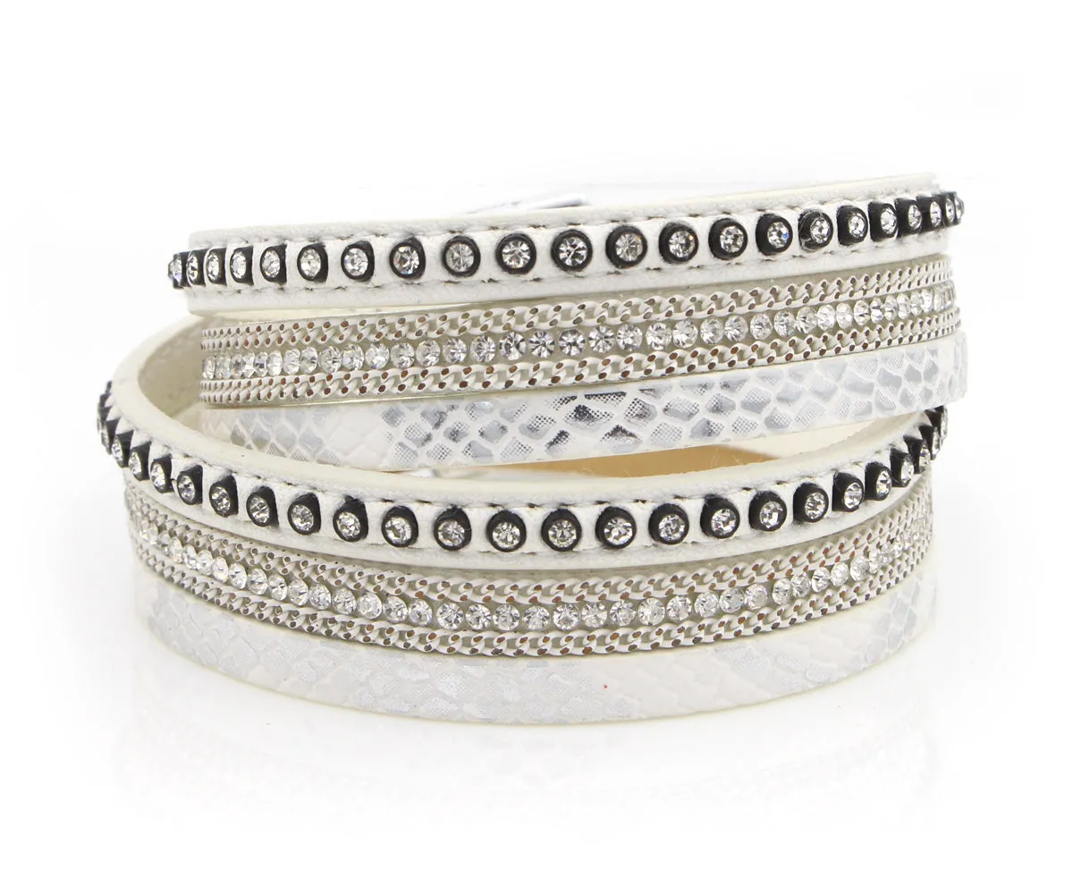 Studded Rhinestone White Double Wrap Leather Bracelet