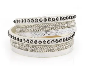 Studded Rhinestone White Double Wrap Leather Bracelet
