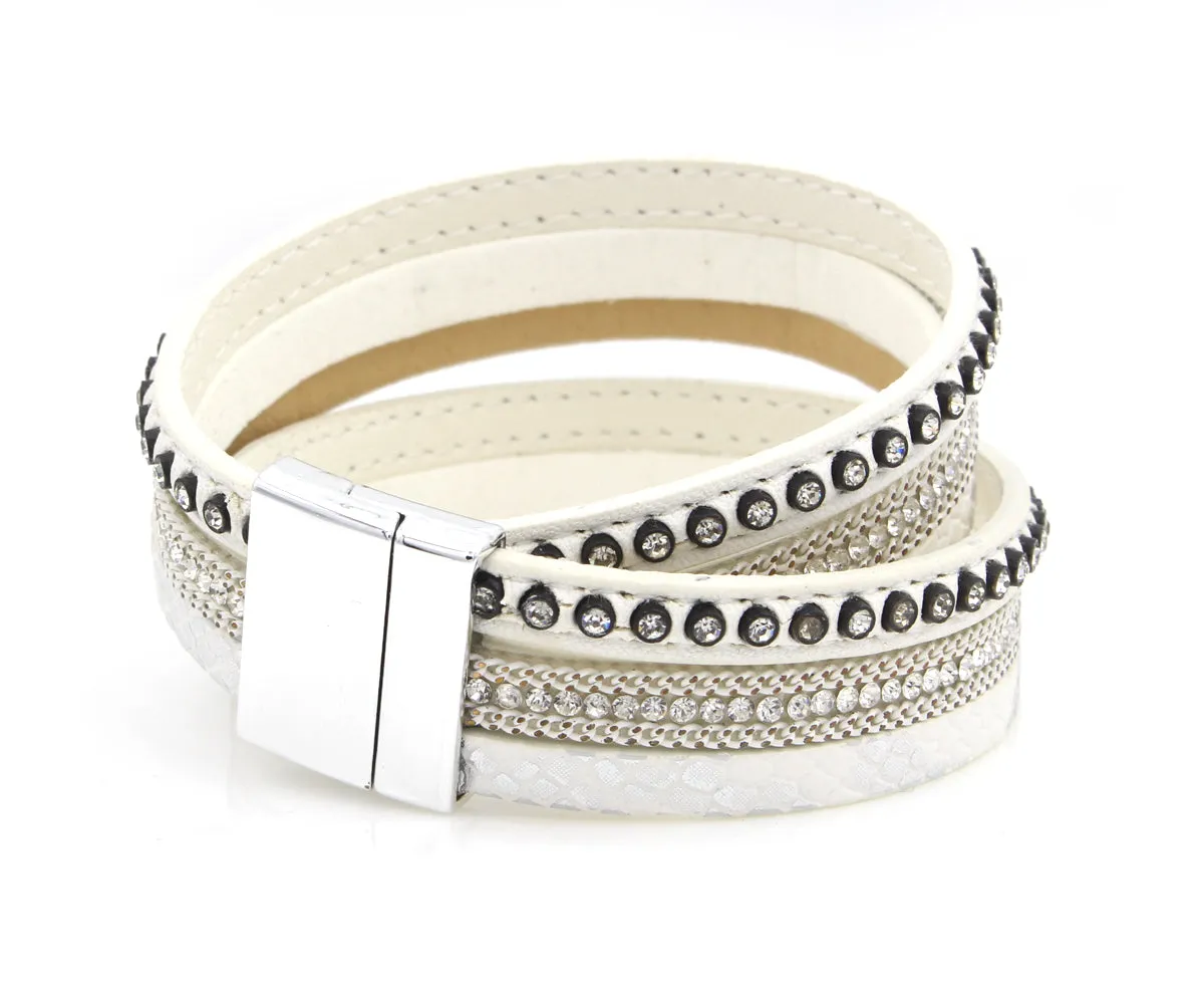 Studded Rhinestone White Double Wrap Leather Bracelet