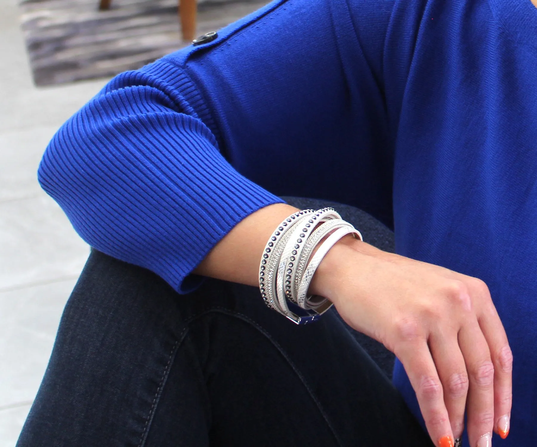 Studded Rhinestone White Double Wrap Leather Bracelet