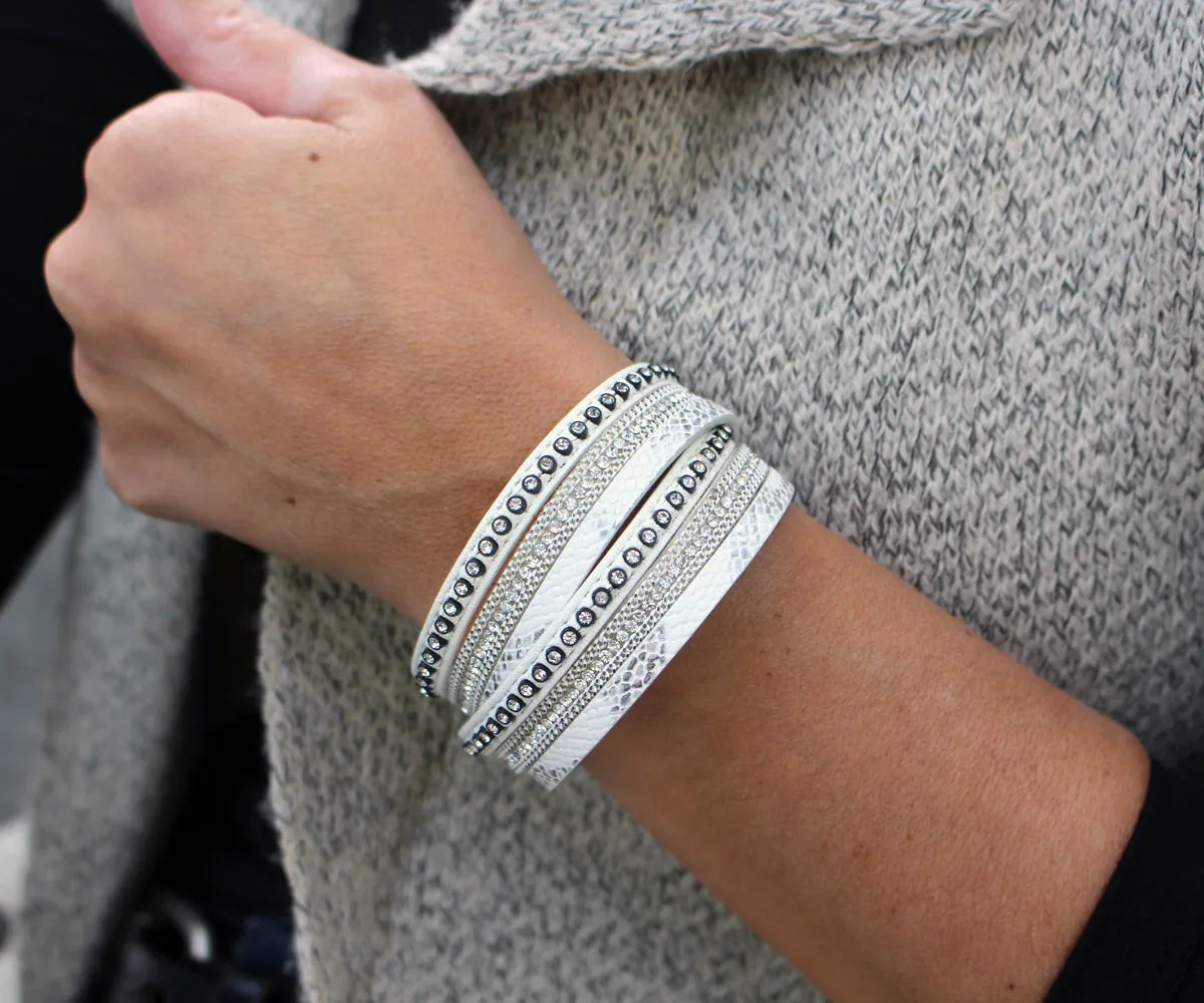 Studded Rhinestone White Double Wrap Leather Bracelet