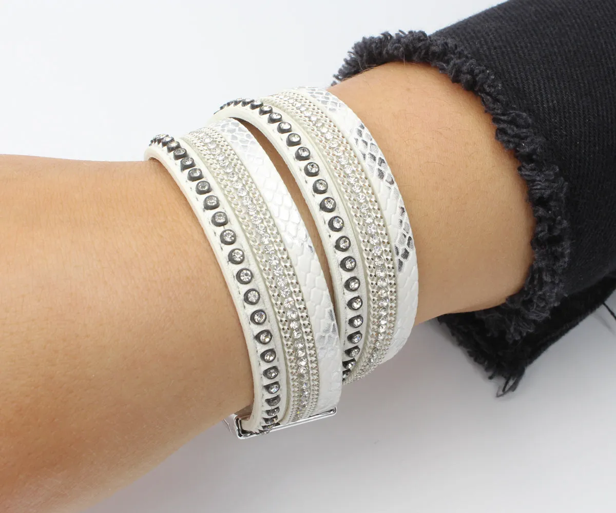Studded Rhinestone White Double Wrap Leather Bracelet