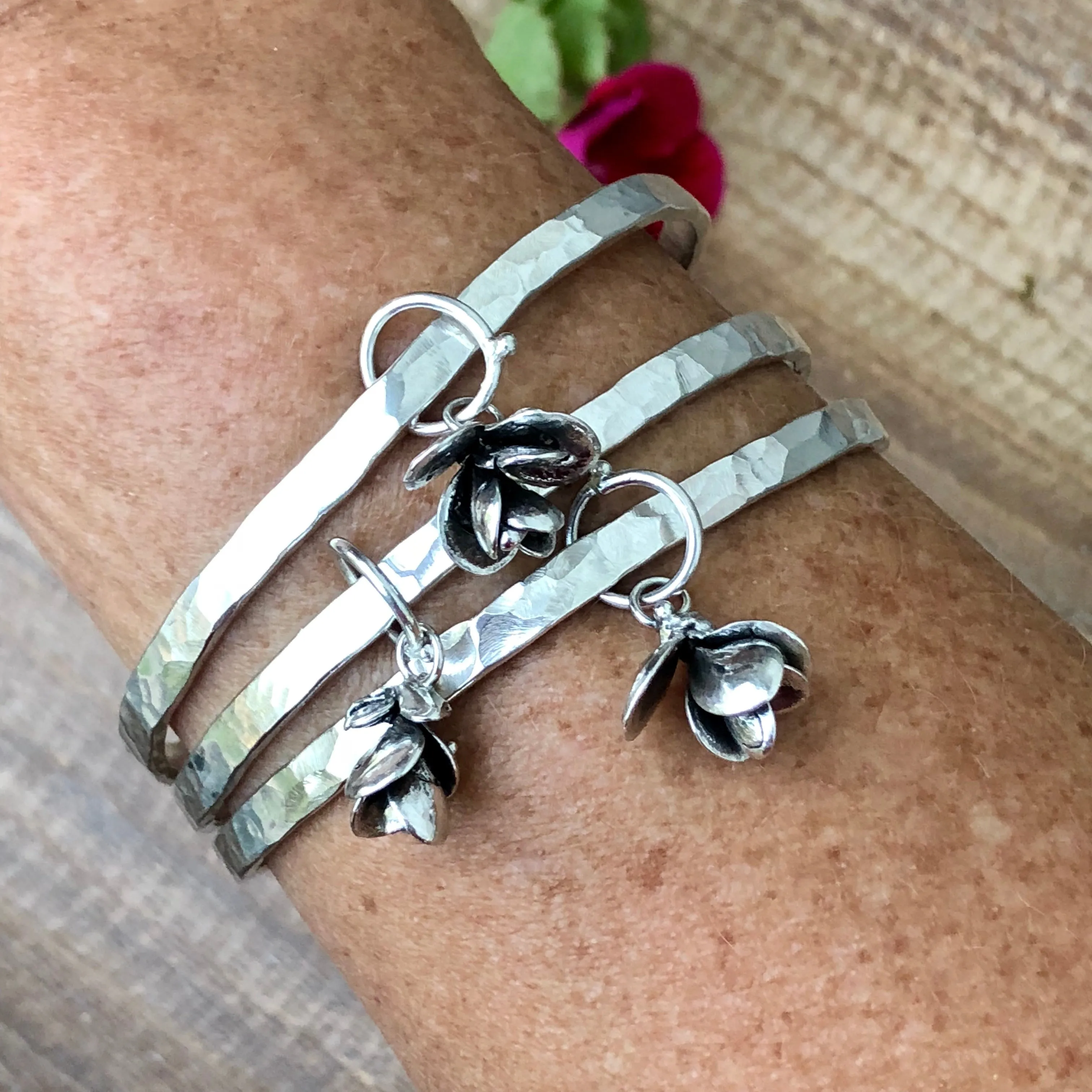 Succulent Blossom hammered sterling silver bangle bracelet