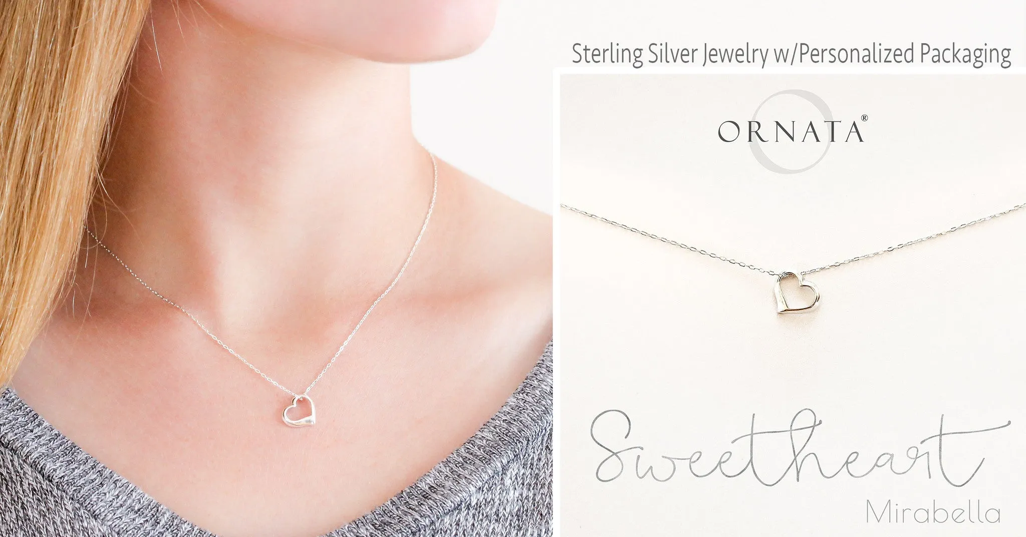 “Sweetheart” Sterling Silver Heart Necklace on Personalized Jewelry Card