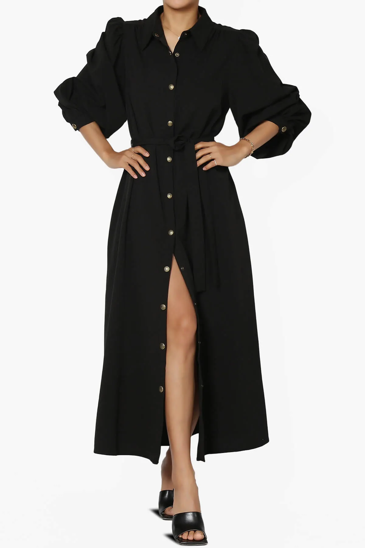 Syrie Puff Sleeve Woven Maxi Shirt Dress