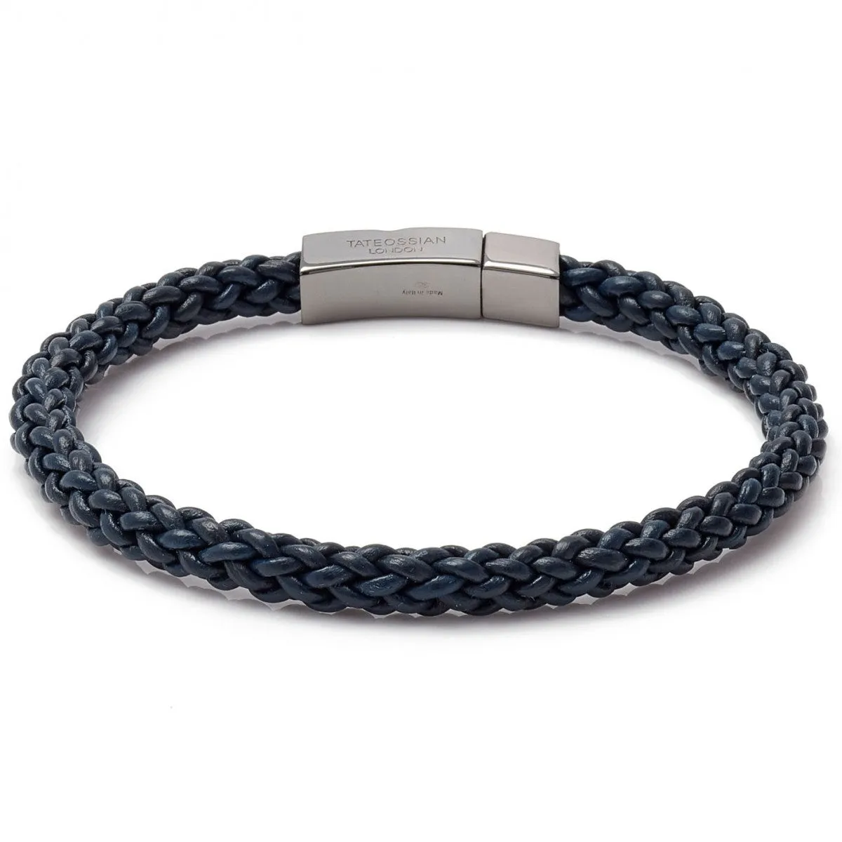 Tateossian Men's Click Trenza Leather Braided Bracelet, Navy