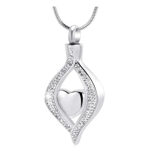 Teardrop with Heart & Crystals Cremation Pendant Necklace