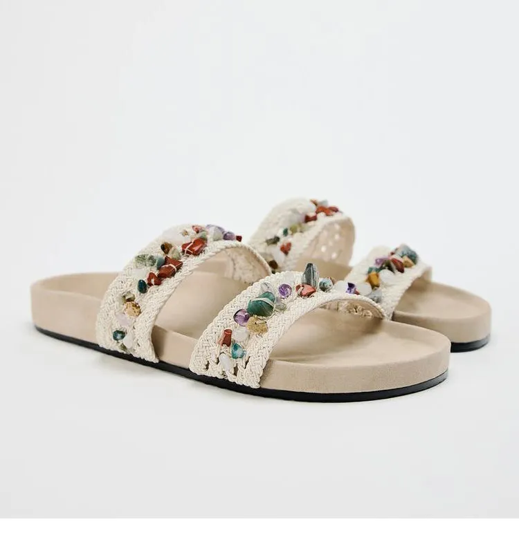 Thick-soled beaded woven flip flops