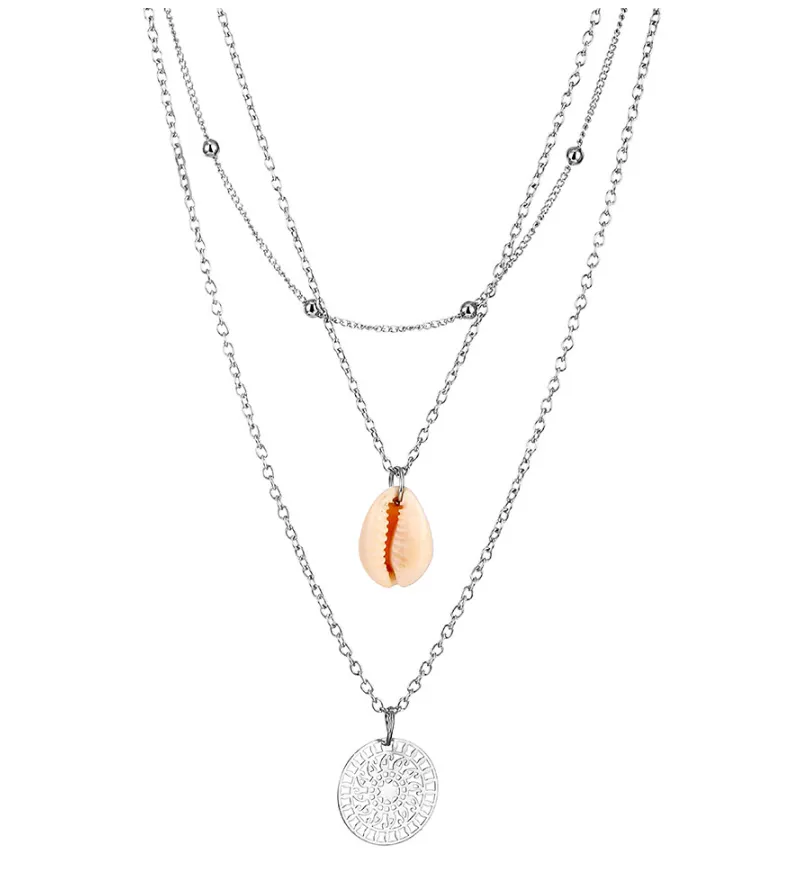 Three Layer Bohemian Boho Silver Shell Coin Necklace