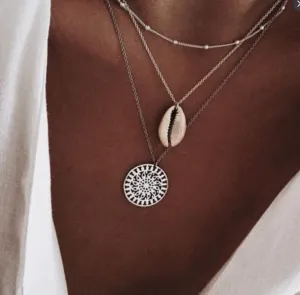Three Layer Bohemian Boho Silver Shell Coin Necklace