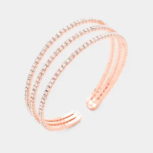 Three Row Clear Crystal Rhinestone Cuff Bracelet on Rose Gold  | 366427