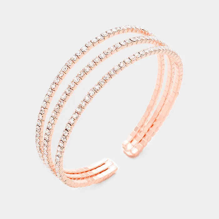 Three Row Clear Crystal Rhinestone Cuff Bracelet on Rose Gold  | 366427