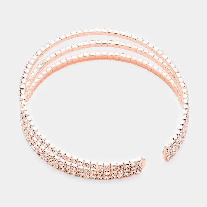 Three Row Clear Crystal Rhinestone Cuff Bracelet on Rose Gold  | 366427
