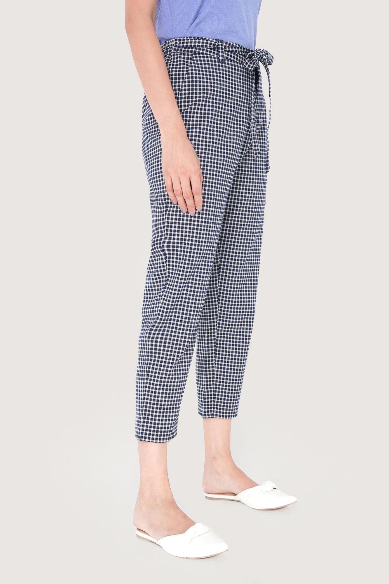 Tie Waist Checkered Ankle Length Trousers