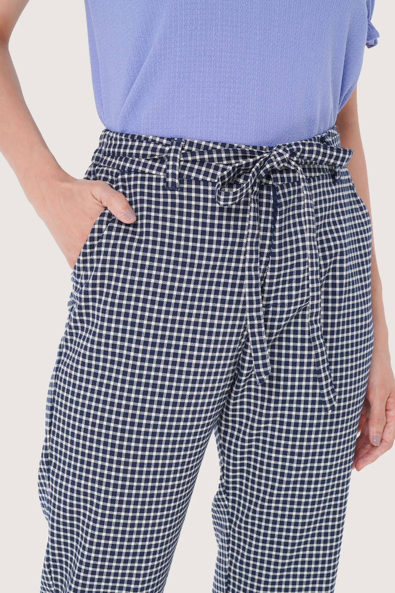 Tie Waist Checkered Ankle Length Trousers