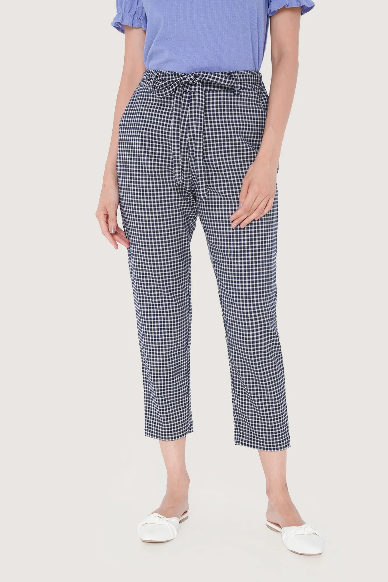 Tie Waist Checkered Ankle Length Trousers