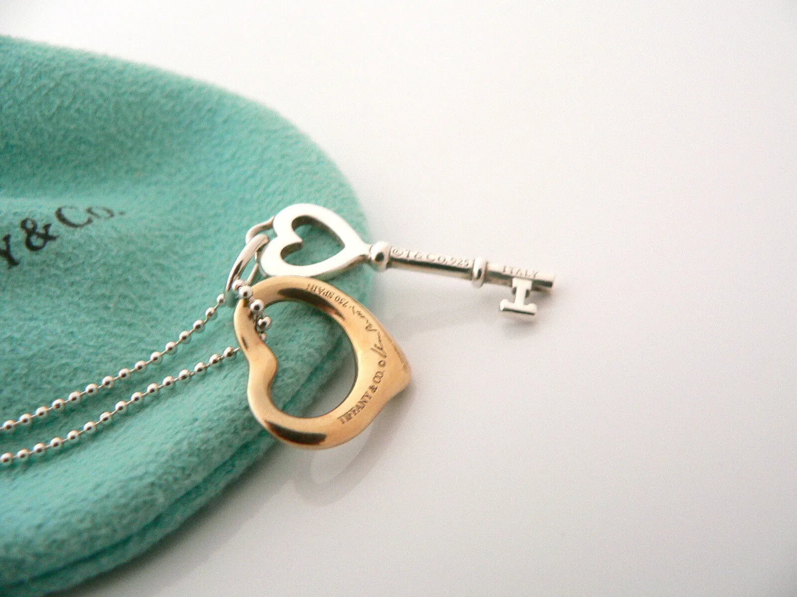 Tiffany Co Silver 18K Gold Open Heart Key Necklace Pendant Charm Chain Gift Love