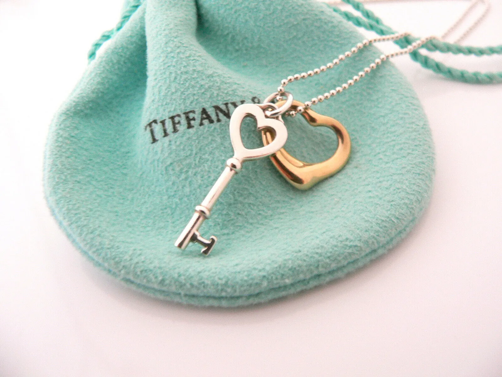Tiffany Co Silver 18K Gold Open Heart Key Necklace Pendant Charm Chain Gift Love