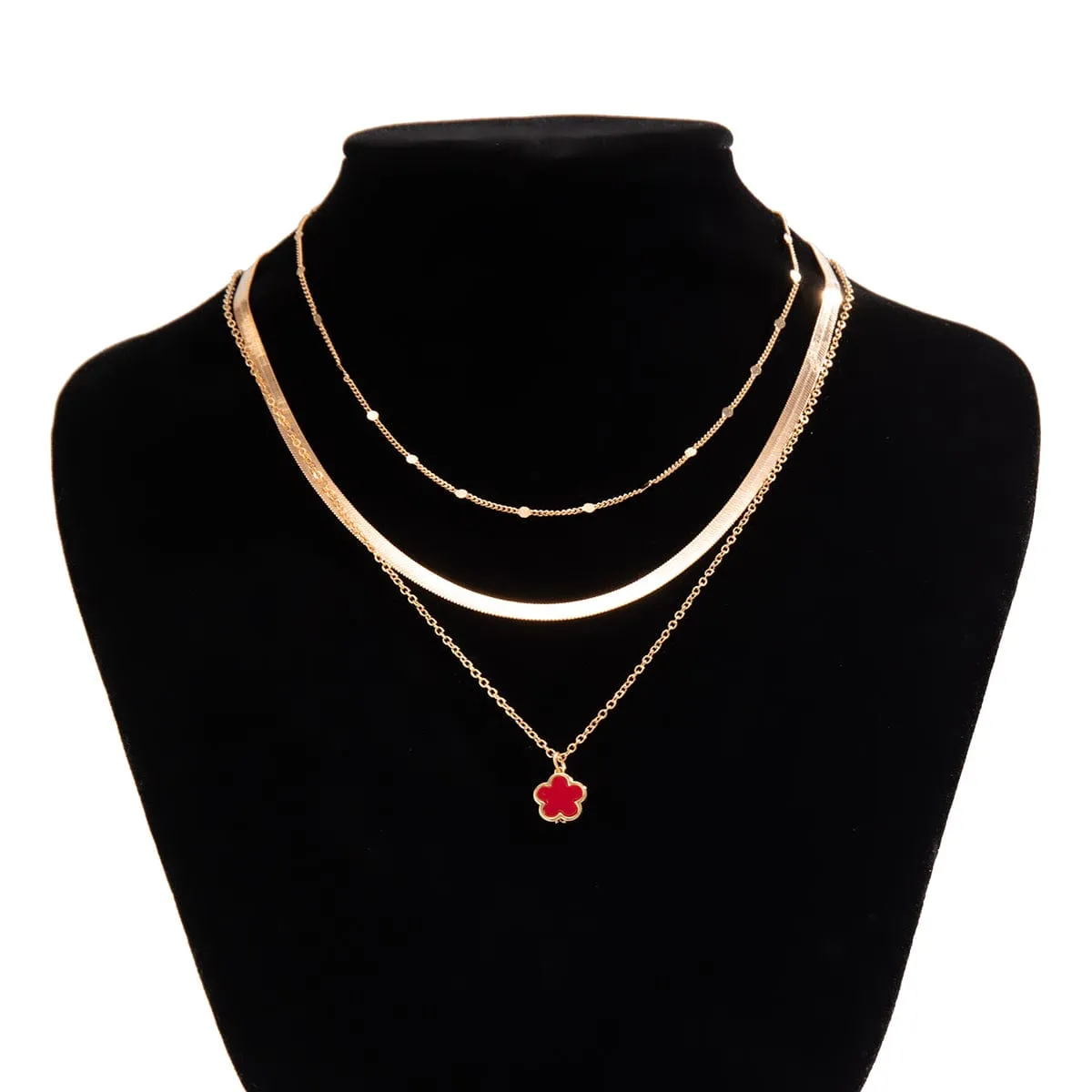 Trendy Layered Five-Pedal Flower Pendant Snake Chain Necklace Set