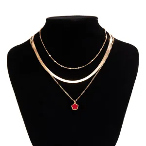 Trendy Layered Five-Pedal Flower Pendant Snake Chain Necklace Set