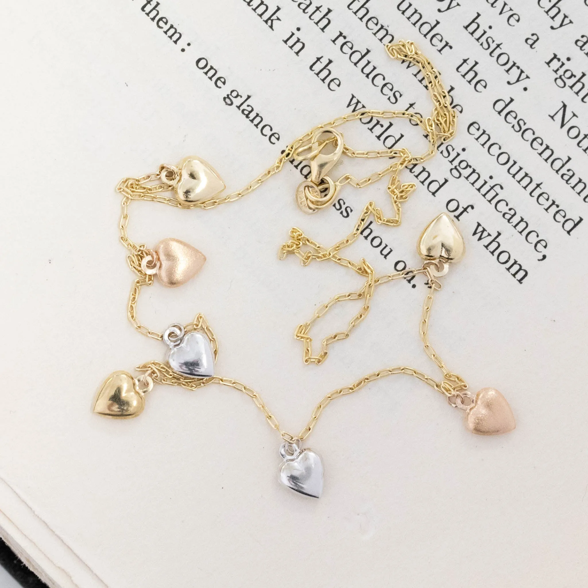 Tri-Tone Puffy Heart Station Necklace, Yellow Gold Chain