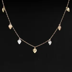 Tri-Tone Puffy Heart Station Necklace, Yellow Gold Chain
