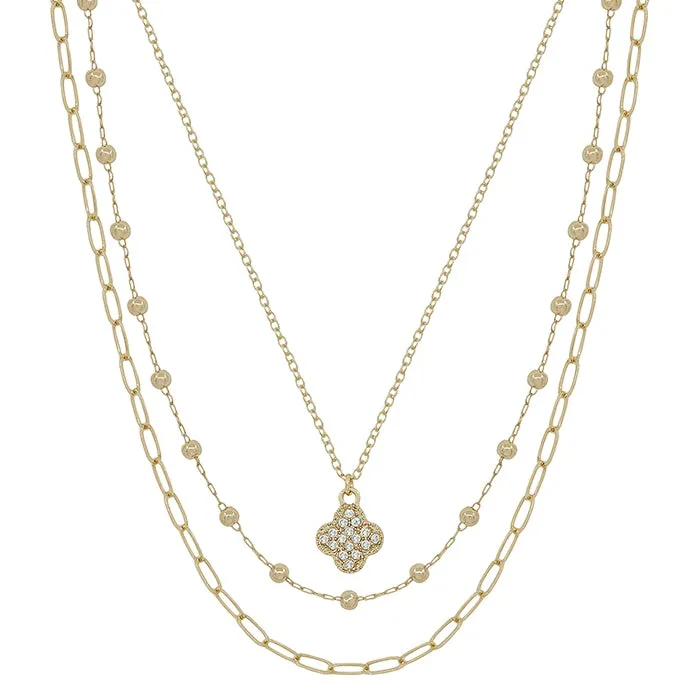 Triple Layered Rhinestone Clover Necklace