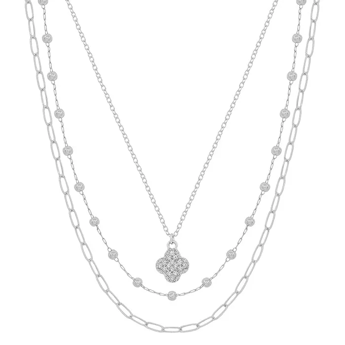 Triple Layered Rhinestone Clover Necklace