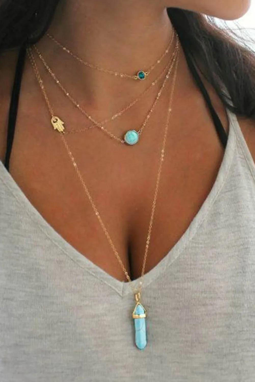Turquoise Gemstone Pendant Multi-Layered Necklace