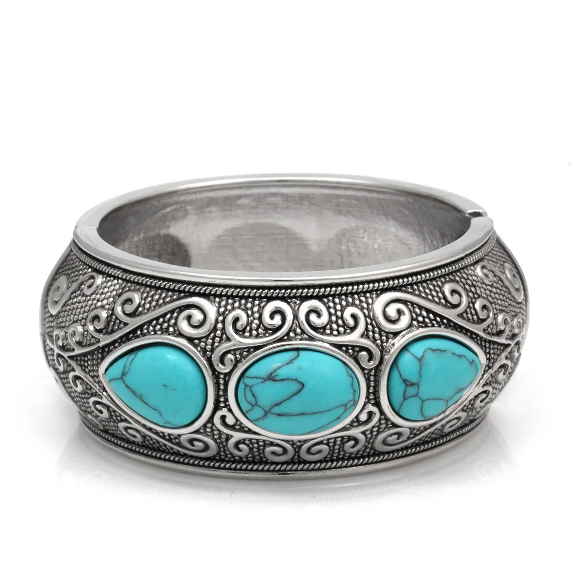 Turquoise STONE SILVER HINGED BRACELET #HB48275_ROD-TRQ (O Line Top)
