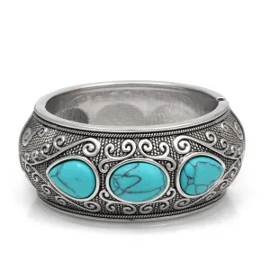 Turquoise STONE SILVER HINGED BRACELET #HB48275_ROD-TRQ (O Line Top)