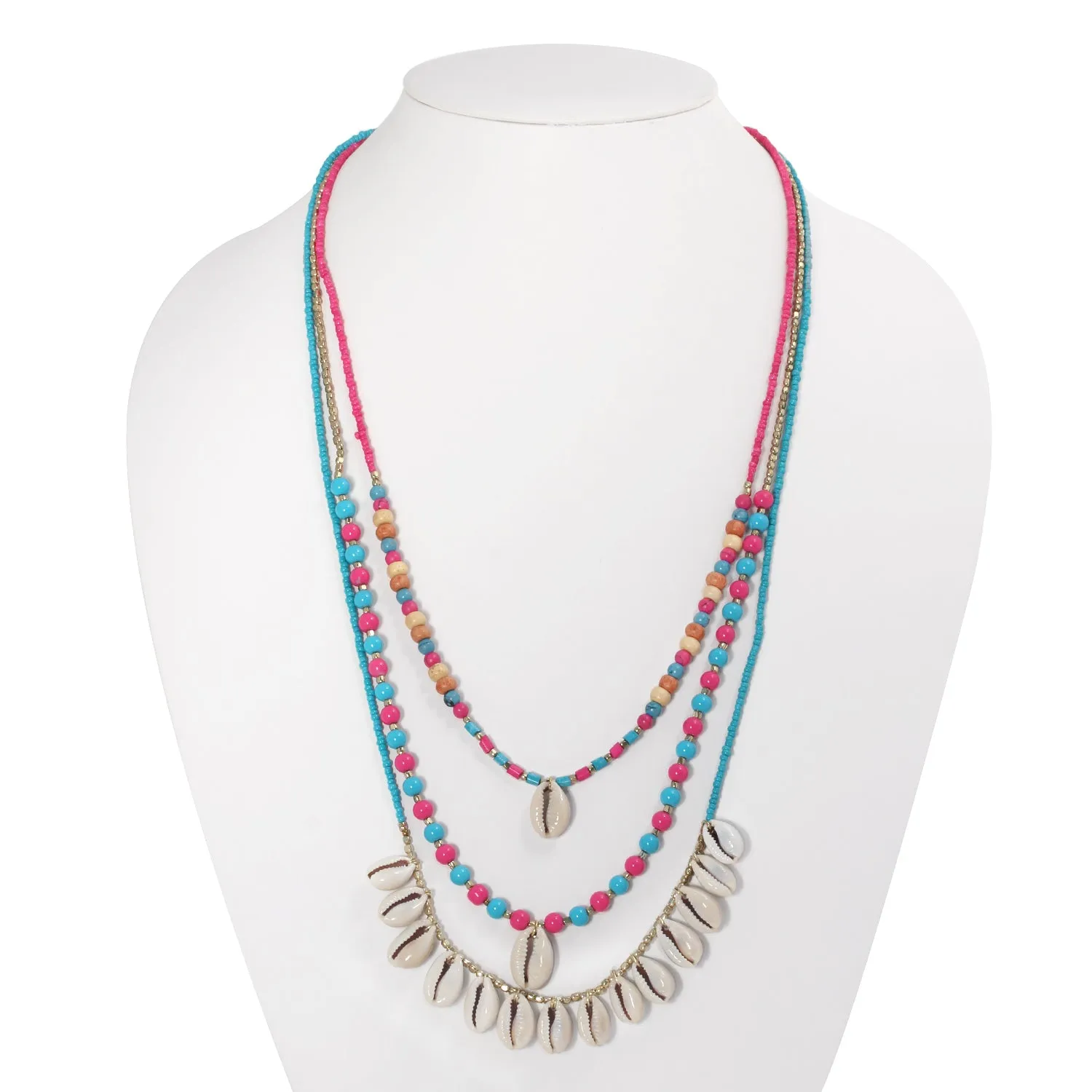 TURQUOIUSE AND PINK BEADS COWRIE SHELL LAYERED  NECKLACES #N5661 TRQ/PINK (LD2)